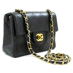 CHANEL Mini Square Small Chain Shoulder Bag Crossbody Black Lamb m76 hannari-shop