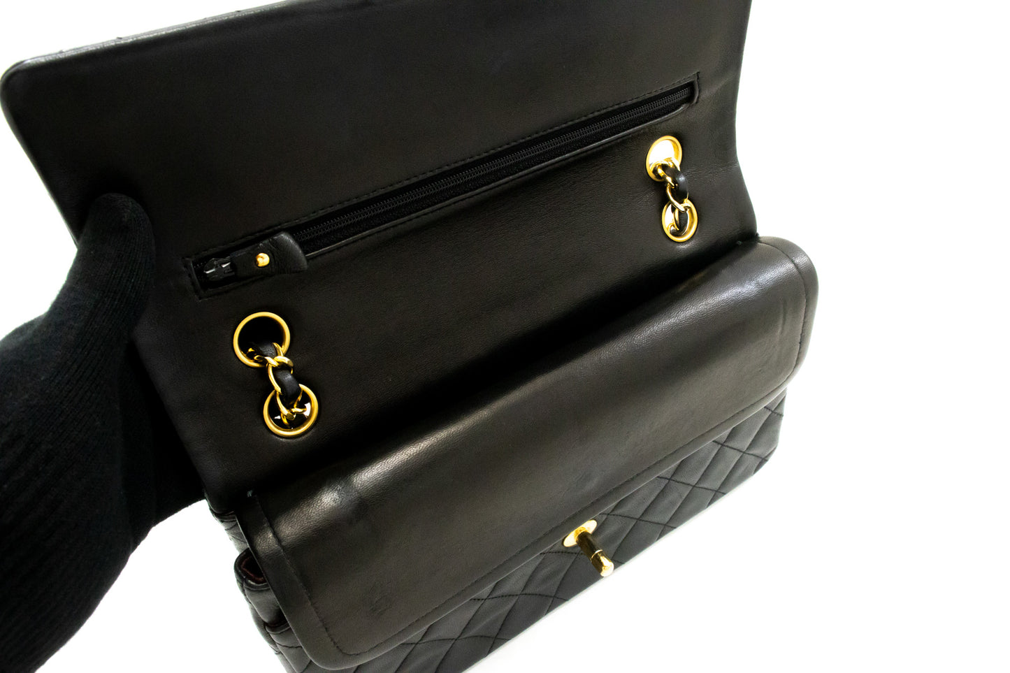 Sac à bandoulière CHANEL Classic Double Flap 10" avec chaîne, cuir d'agneau noir am3 hannari-shop