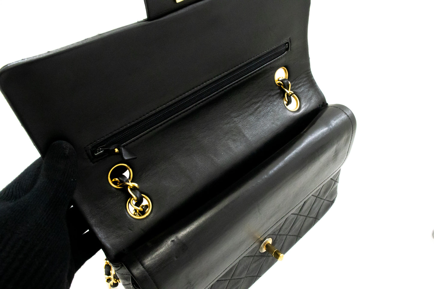 CHANEL Classic Double Flap 10" ketting schoudertas zwart lamsleer ak8 hannari-shop