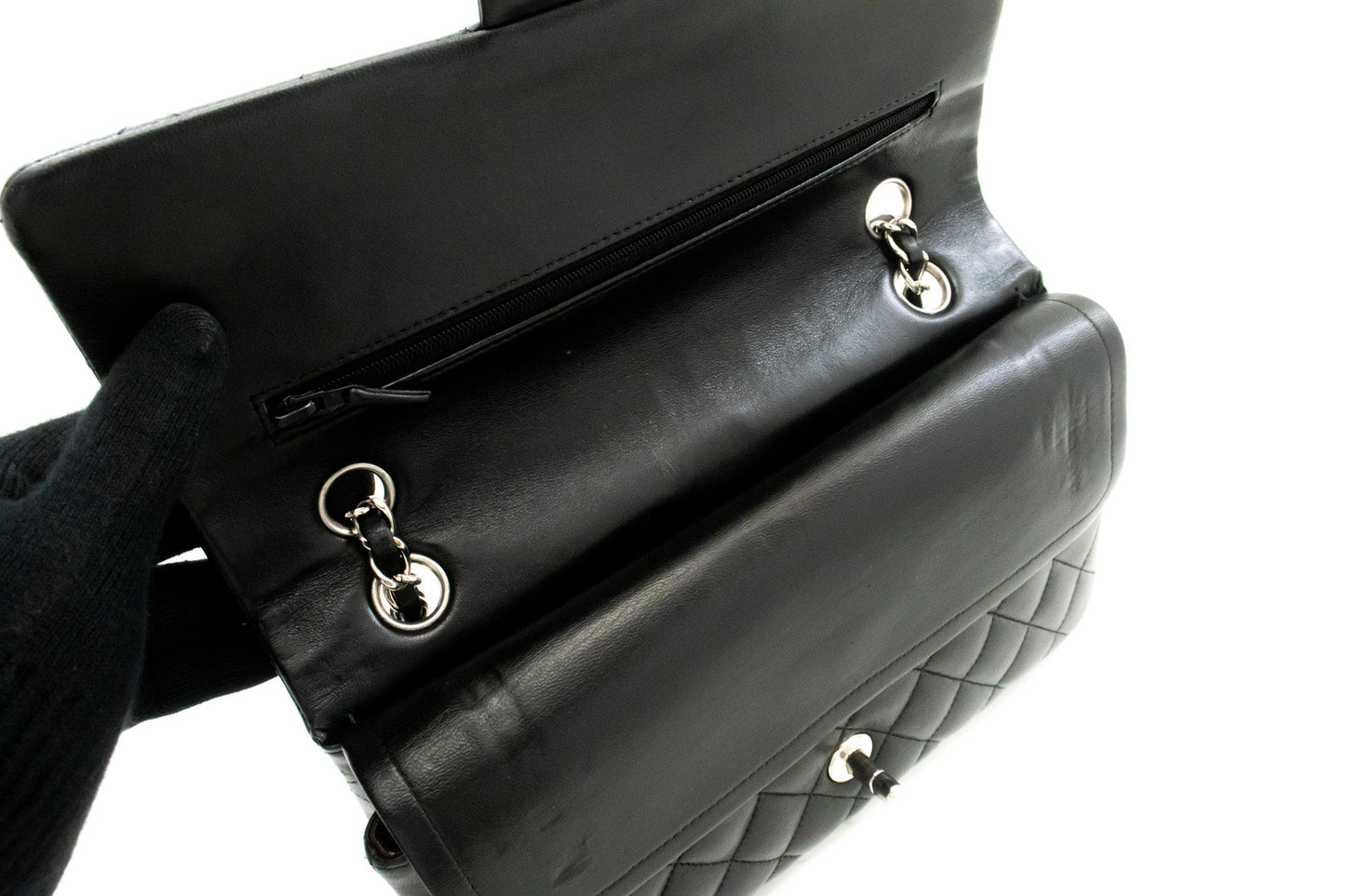CHANEL Classic Double Flap 10" Chain Shoulder Bag Black Lambskin am6 hannari-shop