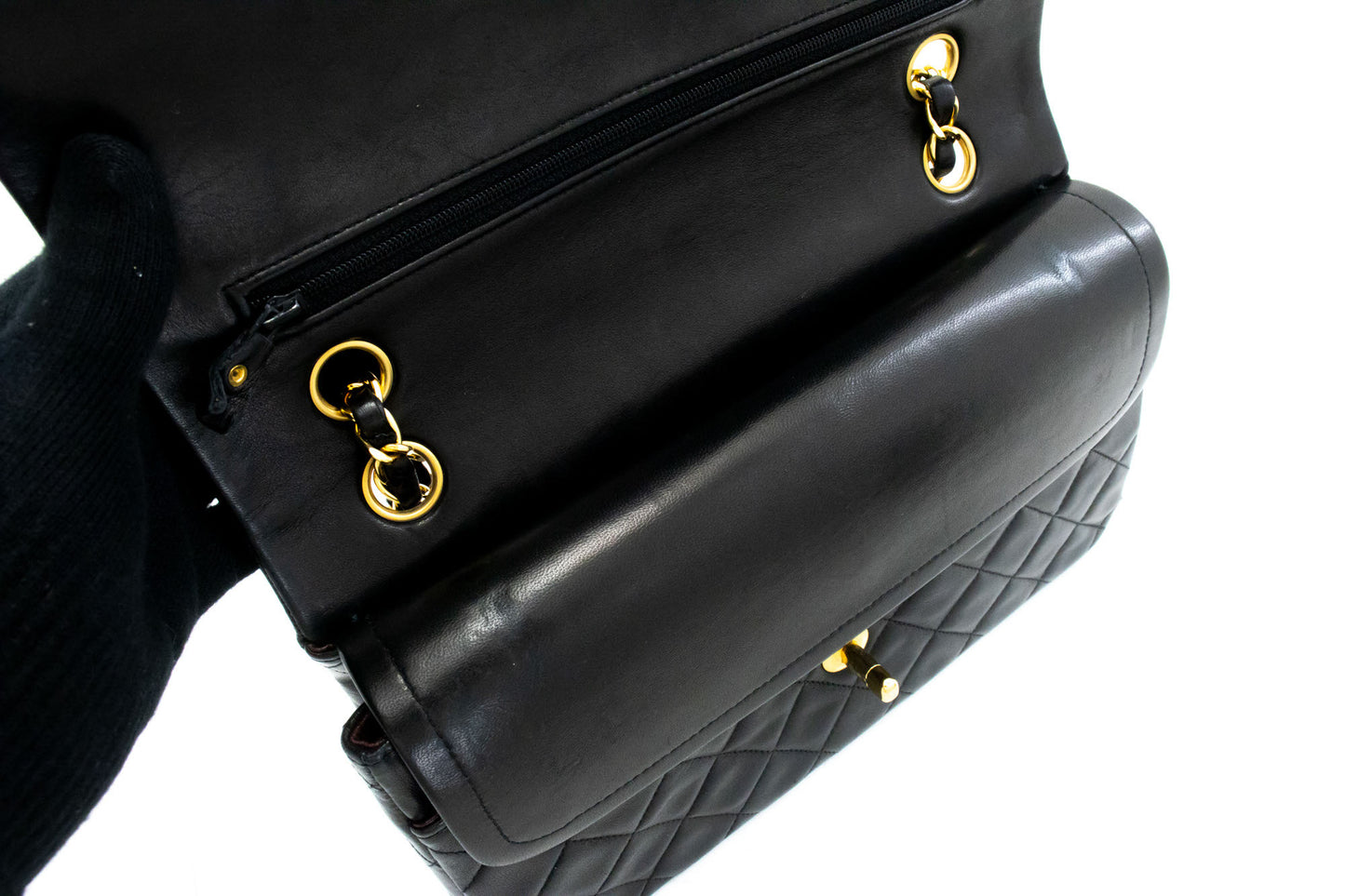 CHANEL Classic Double Flap 10" Chain Shoulder Bag Black Lambskin aj8 hannari-shop