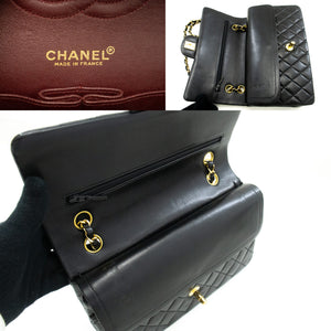 CHANEL Classic Double Flap 10" Chain Shoulder Bag Black Lambskin m82 hannari-shop