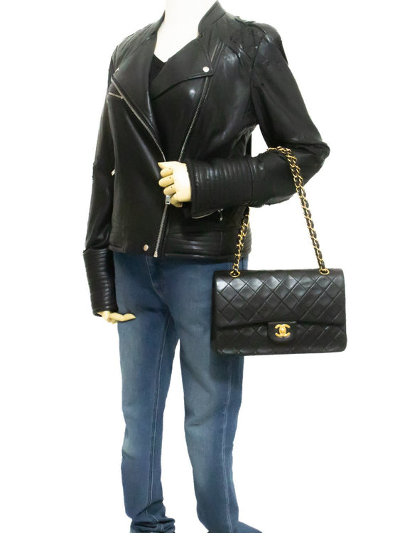 CHANEL Classic Double Flap 10" Chain Shoulder Bag Black Lambskin am1 hannari-shop