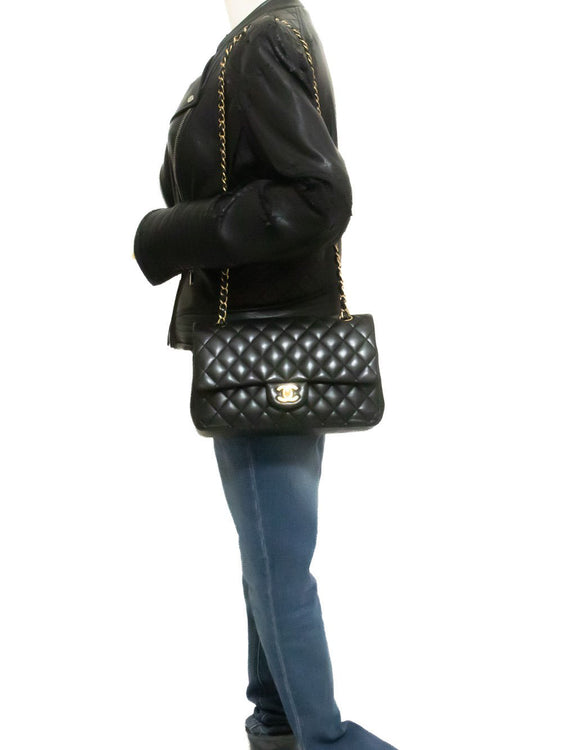 CHANEL Classic Double Flap 10" Chain Shoulder Bag Black Lambskin aq1 — on mannequin hannari-shop