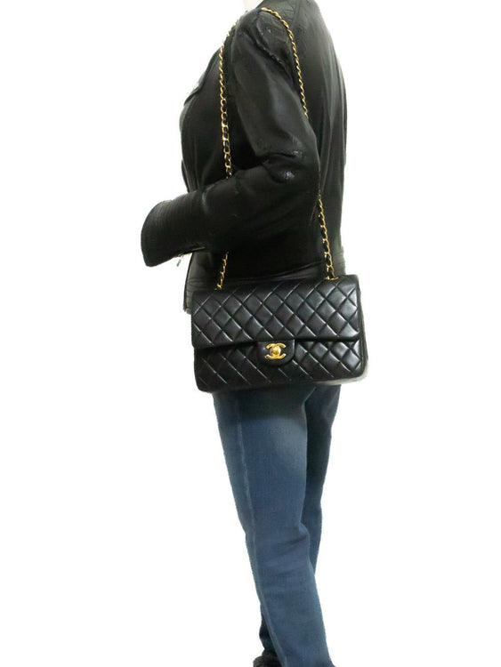 CHANEL Classic Double Flap 10" Chain Shoulder Bag Black Lambskin an1 hannari-shop