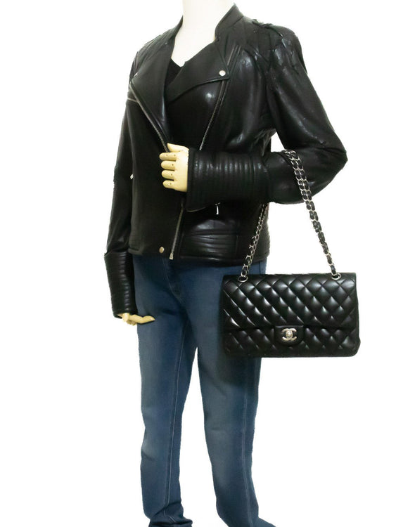 CHANEL Classic Double Flap 10" Chain Shoulder Bag Black Lambskin am5 hannari-shop