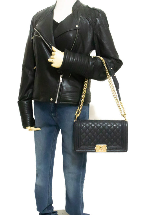 CHANEL Boy Grained Calfskin Chain Shoulder Bag Black Quilted Gold an7 hannari-shop