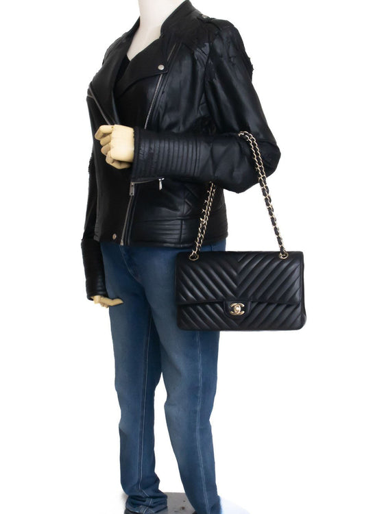 CHANEL V-Stitch Double Flap 10" Chain Shoulder Bag Black Lambskin ai5 hannari-shop
