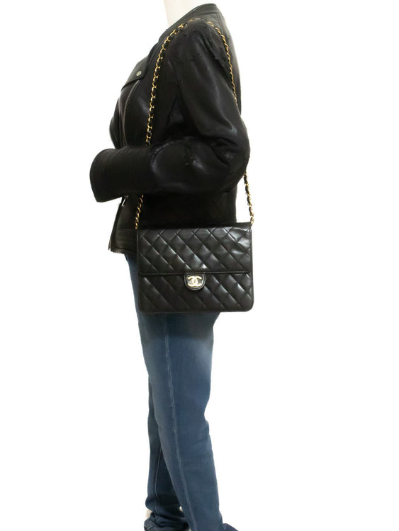 CHANEL Small Chain Shoulder Bag Clutch Black Quilted Flap Lambskin ao7 — on mannequin hannari-shop