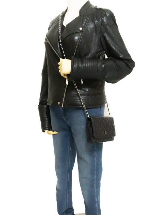 CHANEL Black Classic Wallet On Chain WOC Shoulder Bag Lambskin SV ap8 — on mannequin hannari-shop