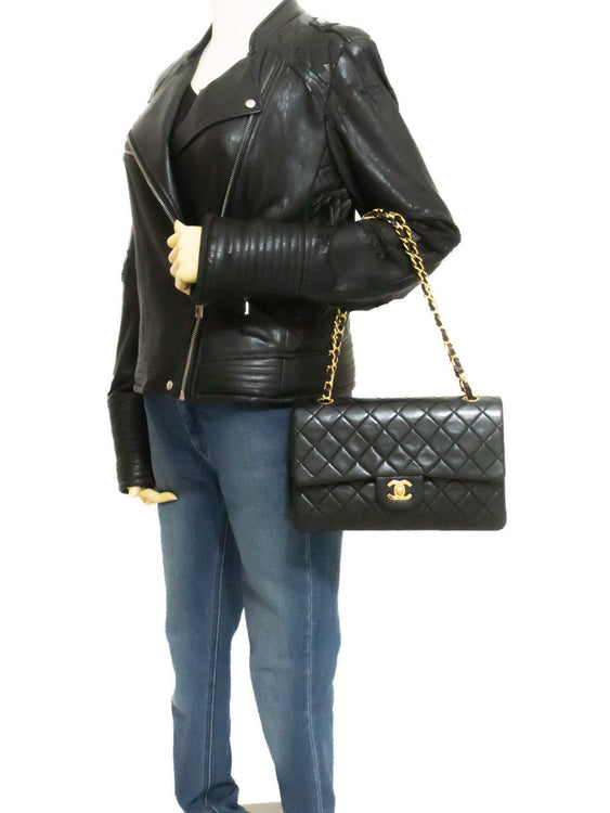 CHANEL Classic Double Flap 10" Chain Shoulder Bag Black Lambskin ap6 — on mannequin hannari-shop