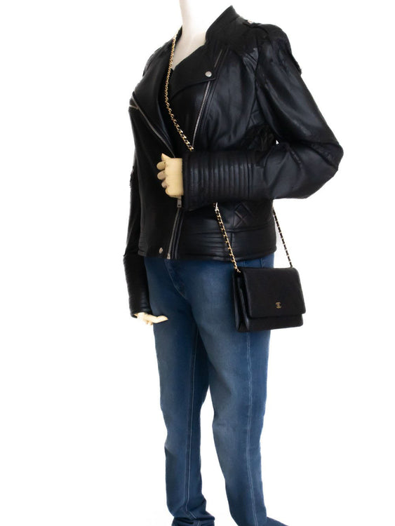 CHANEL Grained Calfskin Wallet On Chain WOC Black Shoulder Bag af8 hannari-shop