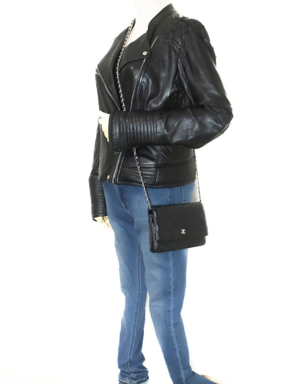 CHANEL Black Classic Wallet On Chain WOC Shoulder Bag Lambskin ab8 hannari-shop