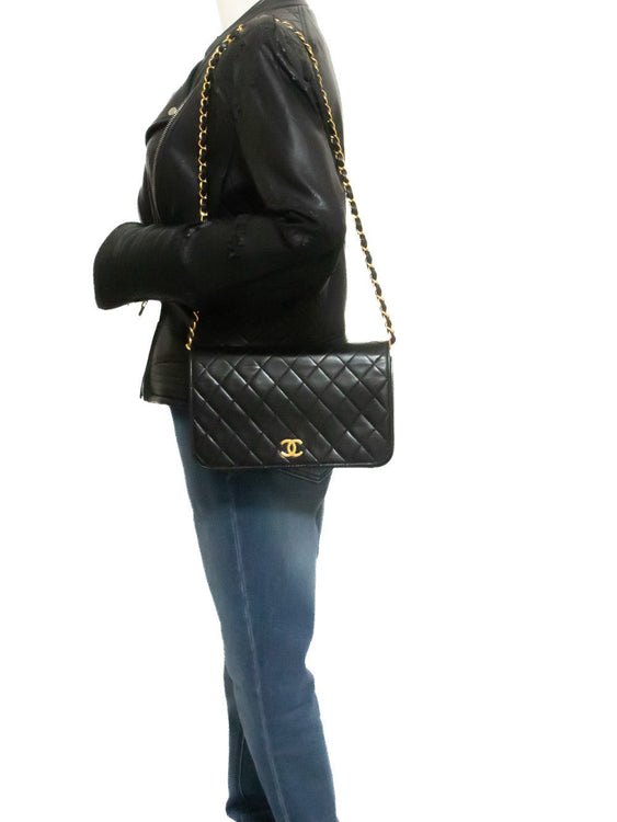 CHANEL Full Flap Chain Shoulder Bag Clutch Black Quilted Lambskin ao4 — on mannequin hannari-shop