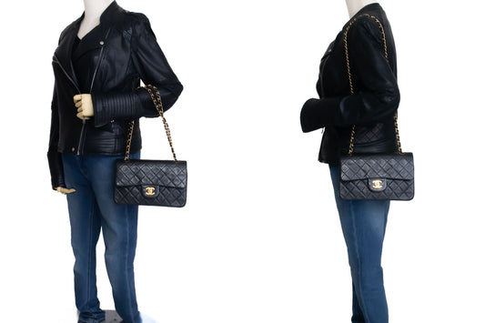 CHANEL Classic Double Flap 9" Chain Shoulder Bag Black Lambskin ah3 hannari-shop