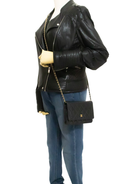 CHANEL Grained Calfskin Wallet On Chain WOC Black Shoulder Bag ap1 — on mannequin hannari-shop