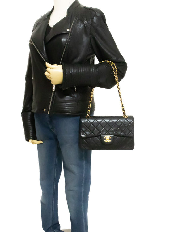 CHANEL Classic Double Flap 9" Chain Shoulder Bag Black Lambskin ap2 — on mannequin hannari-shop