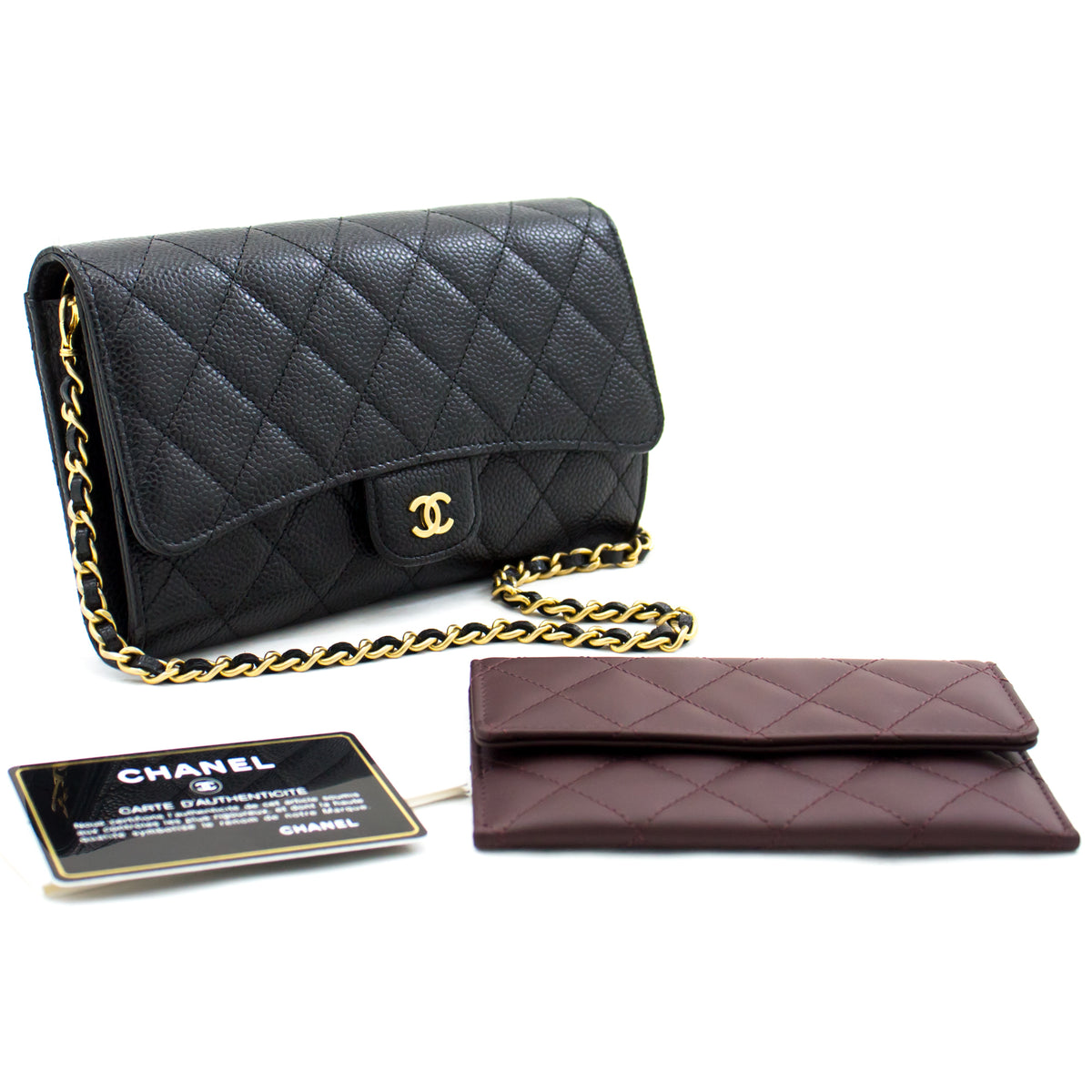 Chanel Classic Black Caviar 2 Set Pouch Long Wallet