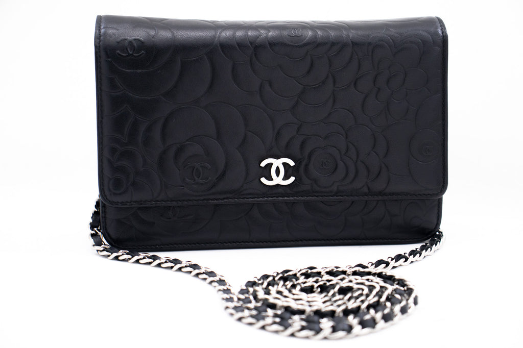 CHANEL Black Camellia Embossed Wallet On Chain WOC Shoulder Bag k68 –  hannari-shop