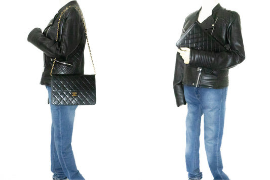 CHANEL skuldertaske med kæde, clutch, sort quiltet flap i lammeskind, taske k11 hannari-shop
