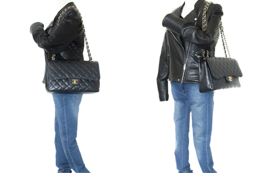CHANEL Classic Large 11" Chain Skuldertaske med Klap Sort Caviar L66 hannari-shop