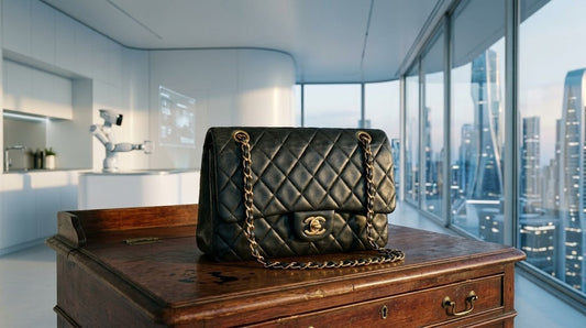 A vintage black quilted flap bag resting on an antique bureau inside a machine-built future interior