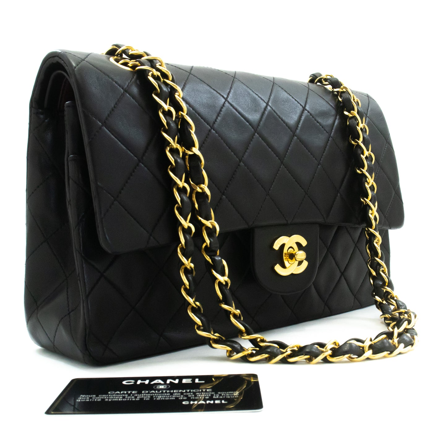 Sac à bandoulière CHANEL Classic Double Flap 10" à chaîne en agneau noir am1 hannari-shop