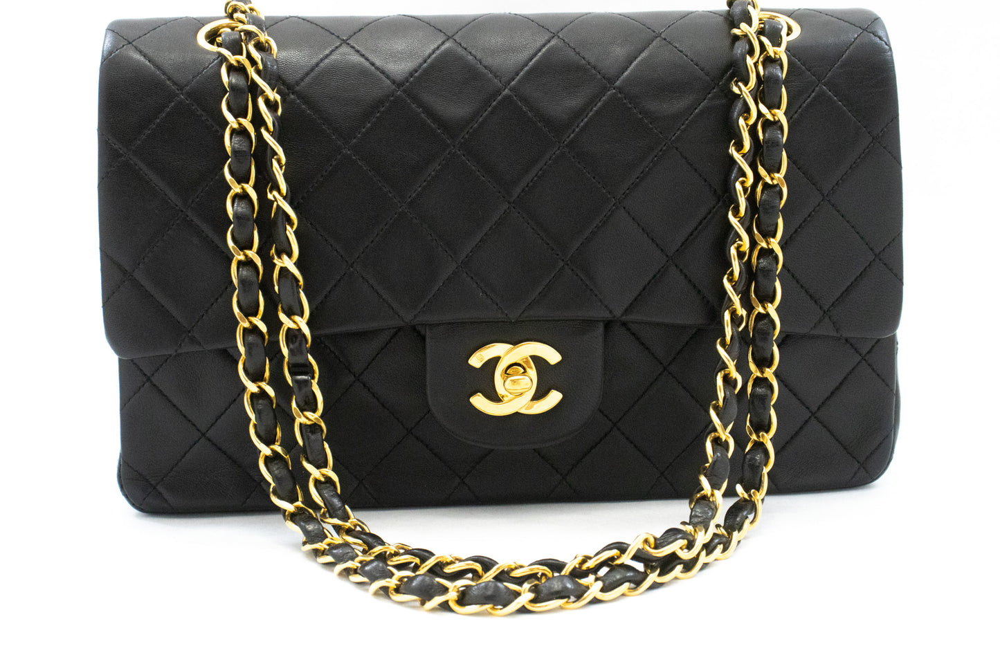 Sac à bandoulière CHANEL Classic Double Flap 10" à chaîne en agneau noir am1 hannari-shop