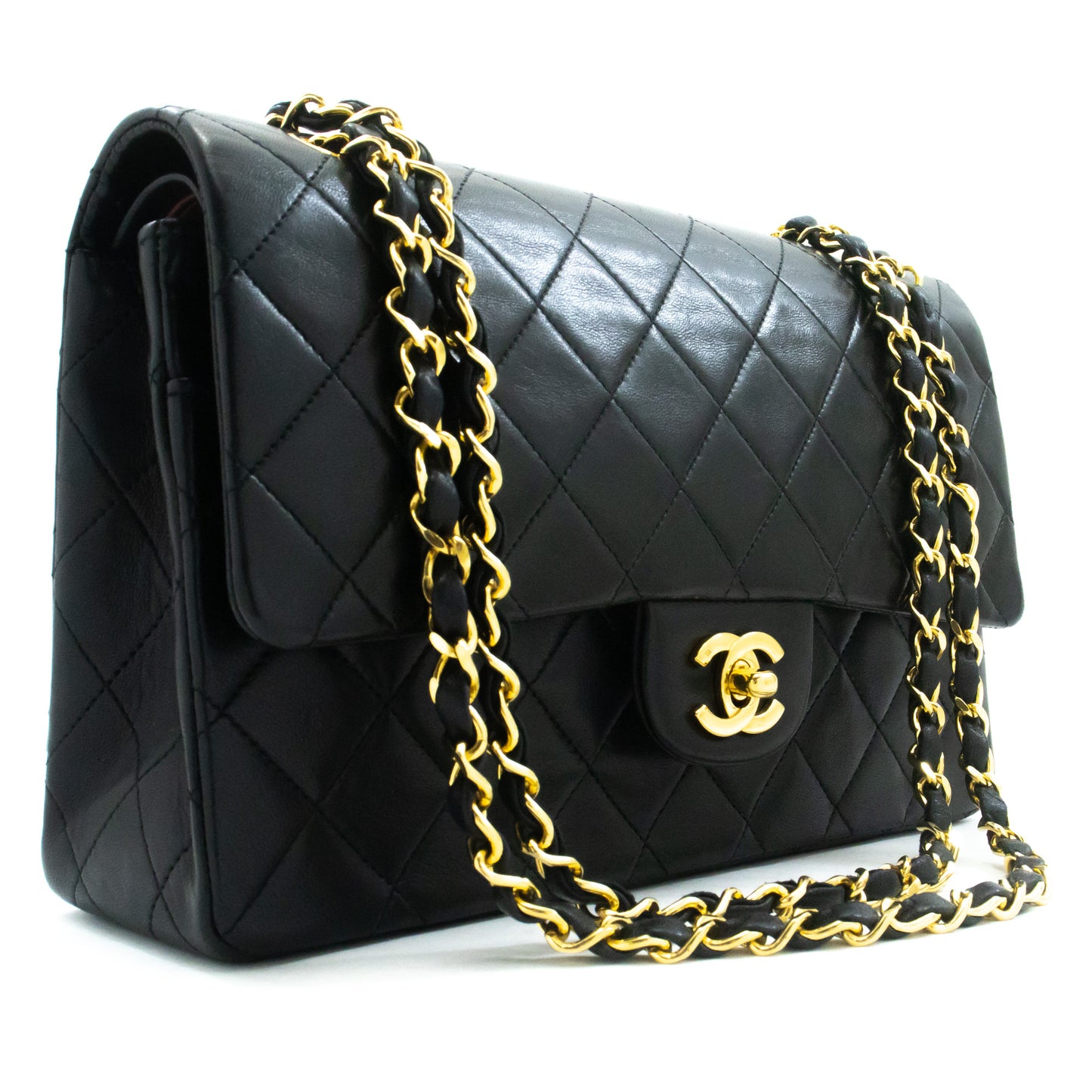 CHANEL Classic Double Flap 10" kæde skuldertaske i sort lammeskind ak9 hannari-shop