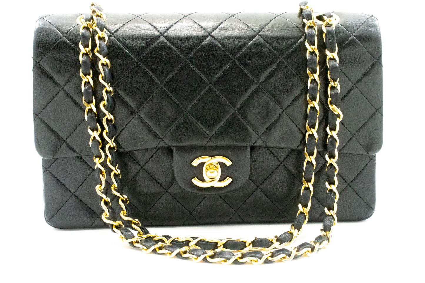 CHANEL Classic Double Flap 10" kæde skuldertaske i sort lammeskind ak9 hannari-shop