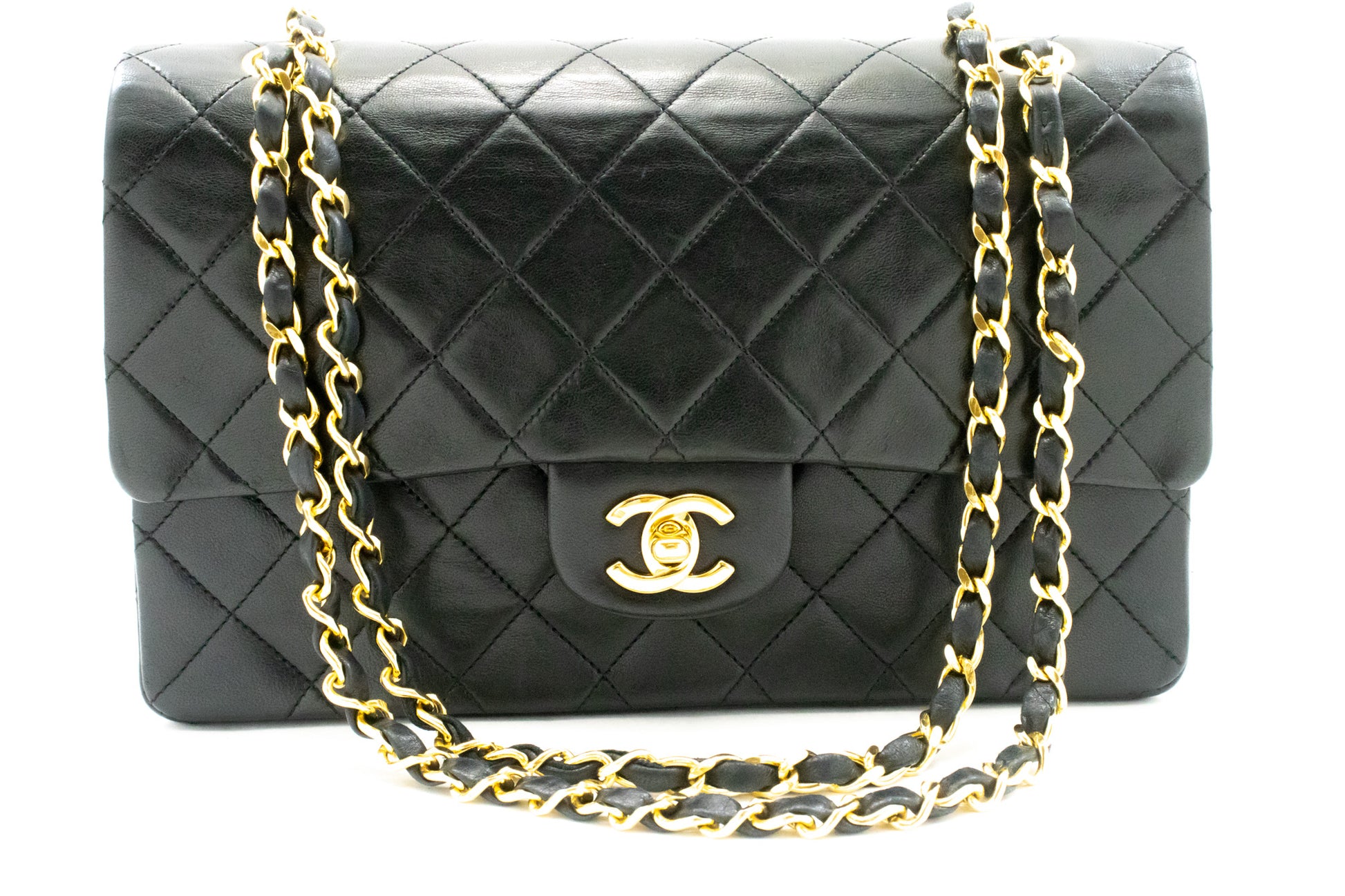 CHANEL Classic Double Flap 10" kæde skuldertaske i sort lammeskind ak9 hannari-shop
