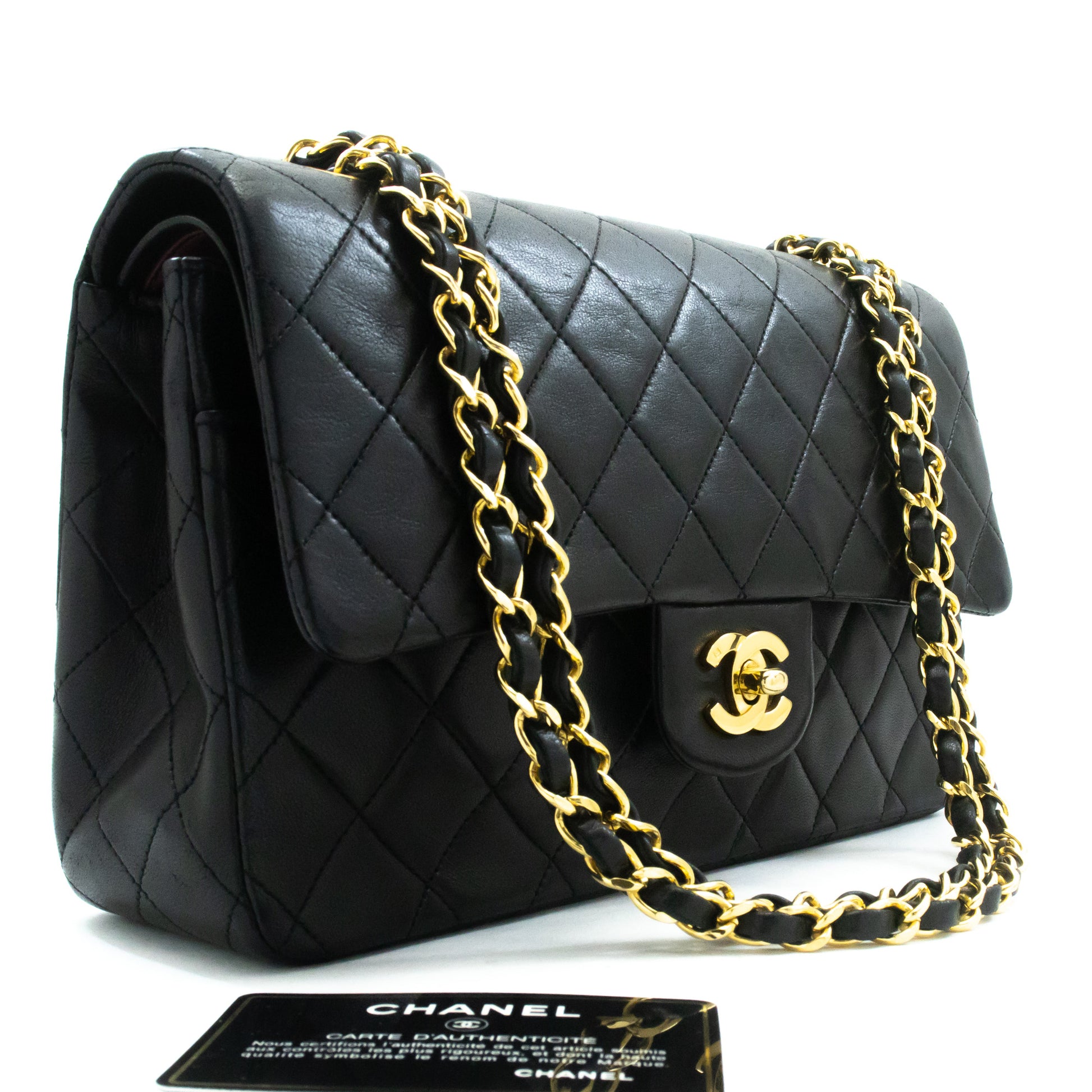 Sac à bandoulière CHANEL Classic Double Flap 10" en chaîne, noir, en agneau, ak7 hannari-shop