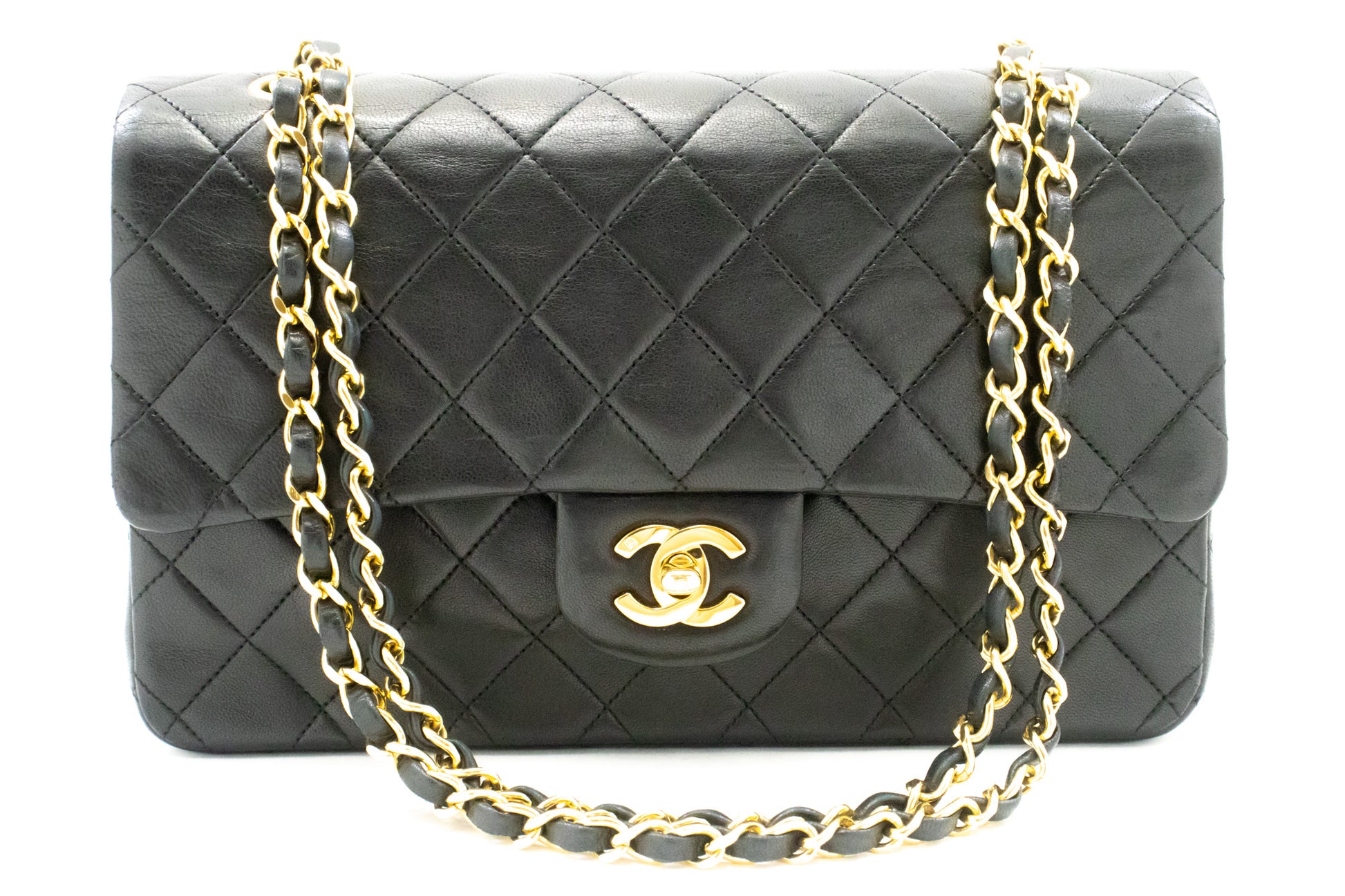 Sac à bandoulière CHANEL Classic Double Flap 10" en chaîne, noir, en agneau, ak7 hannari-shop