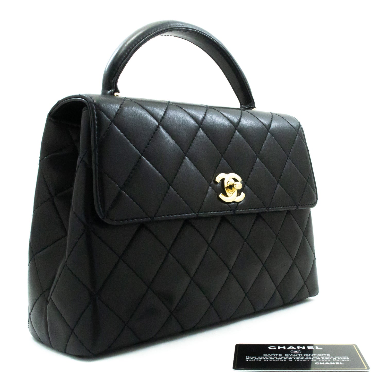 CHANEL Lamskin Handbag Top Handle Small Bag Kelly Black Flap an2 hannari-shop