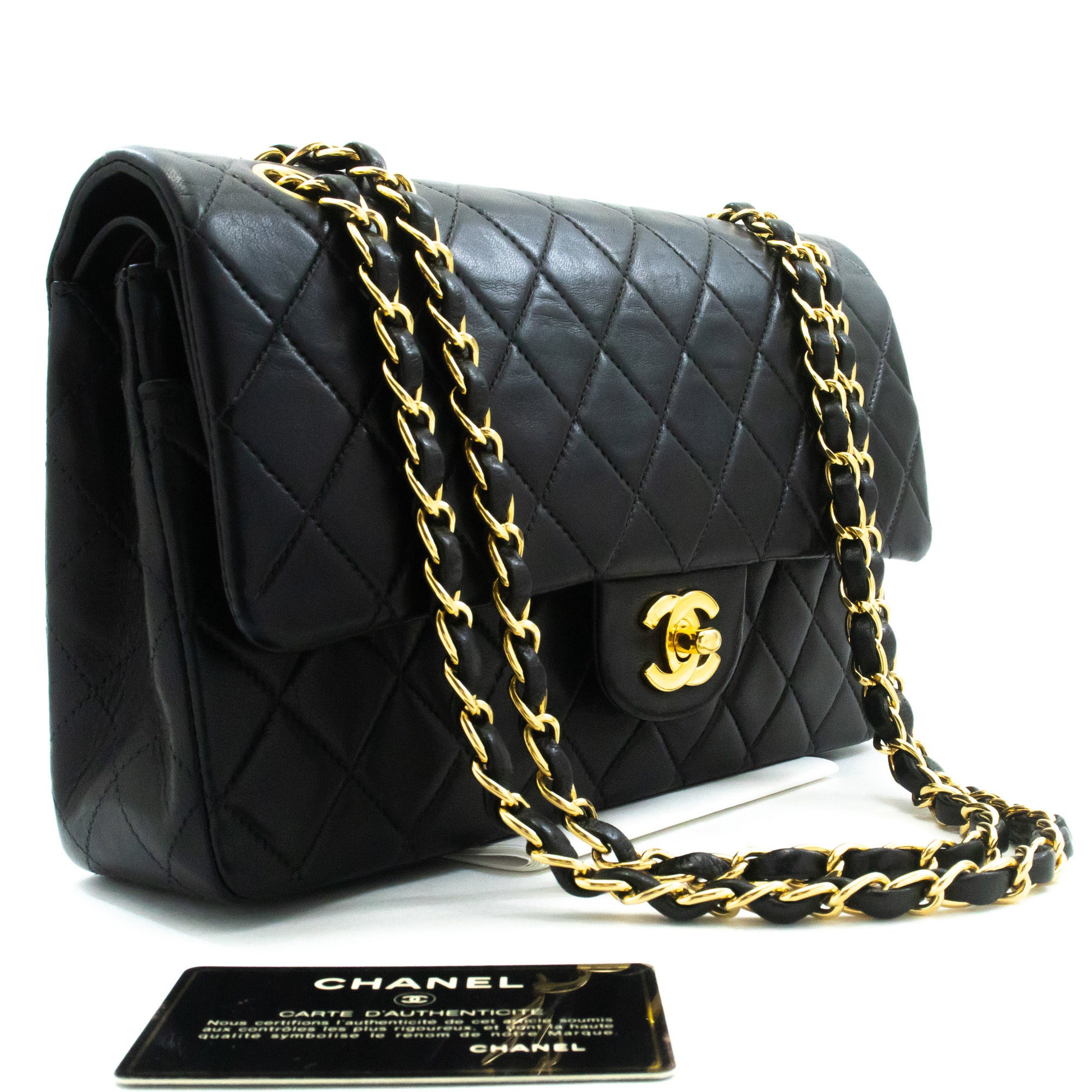 CHANEL Classic Double Flap 10" Chain Shoulder Bag Black Lambskin am9 hannari-shop