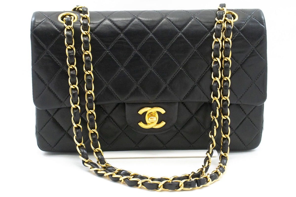 CHANEL Classic Double Flap 10" Chain Shoulder Bag Black Lambskin am9 hannari-shop
