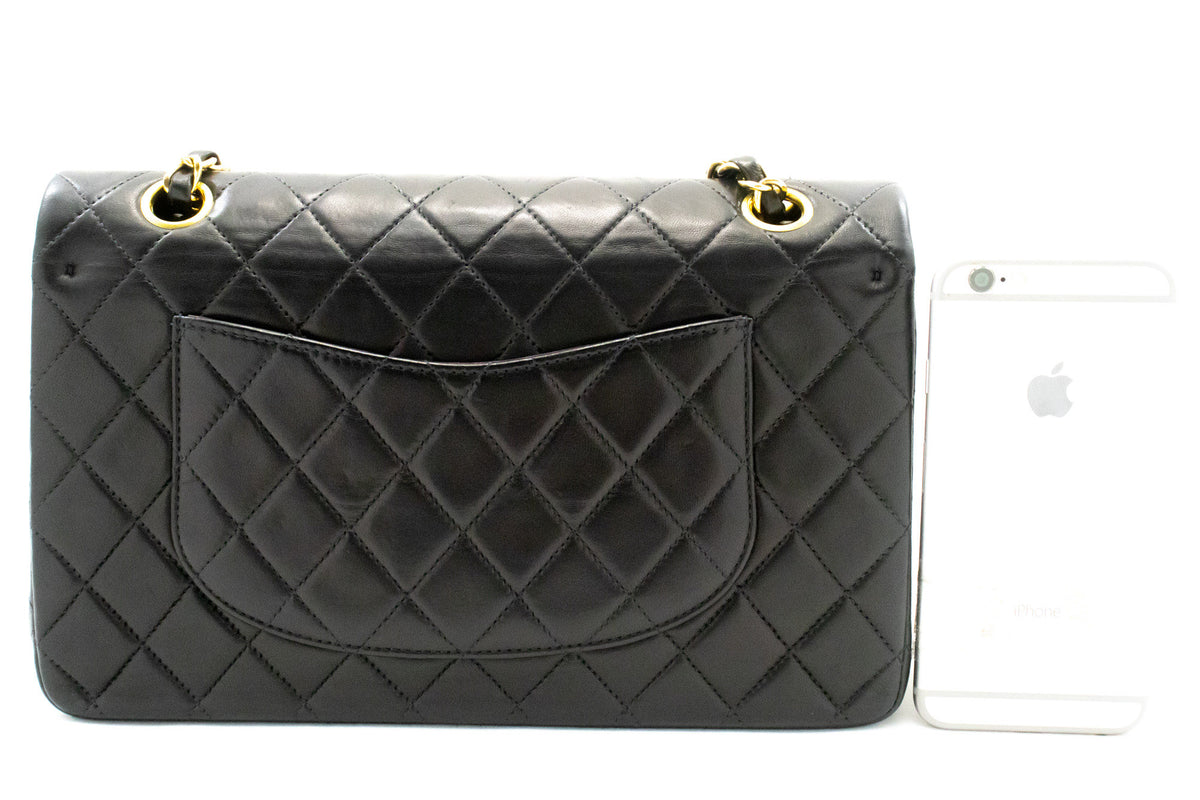CHANEL Classic Double Flap 10" Chain Shoulder Bag Black Lambskin am9 hannari-shop