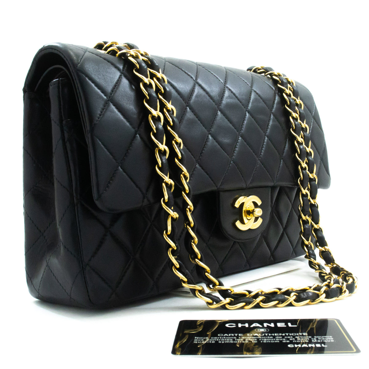 CHANEL Classic Double Flap 10" Chain Shoulder Bag Black Lambskin an1 hannari-shop