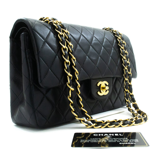 CHANEL Classic Double Flap 10" Chain Shoulder Bag Black Lambskin an1 hannari-shop