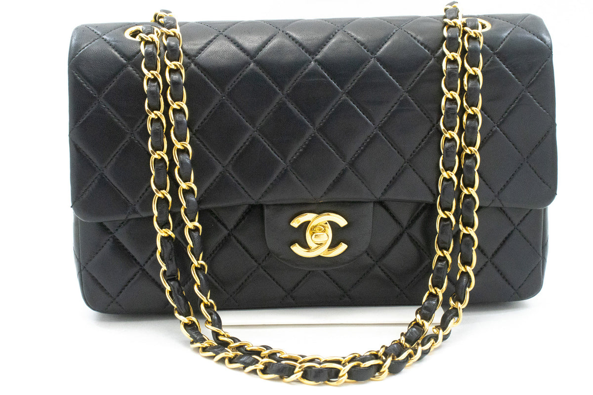 CHANEL Classic Double Flap 10" Chain Shoulder Bag Black Lambskin an1 hannari-shop