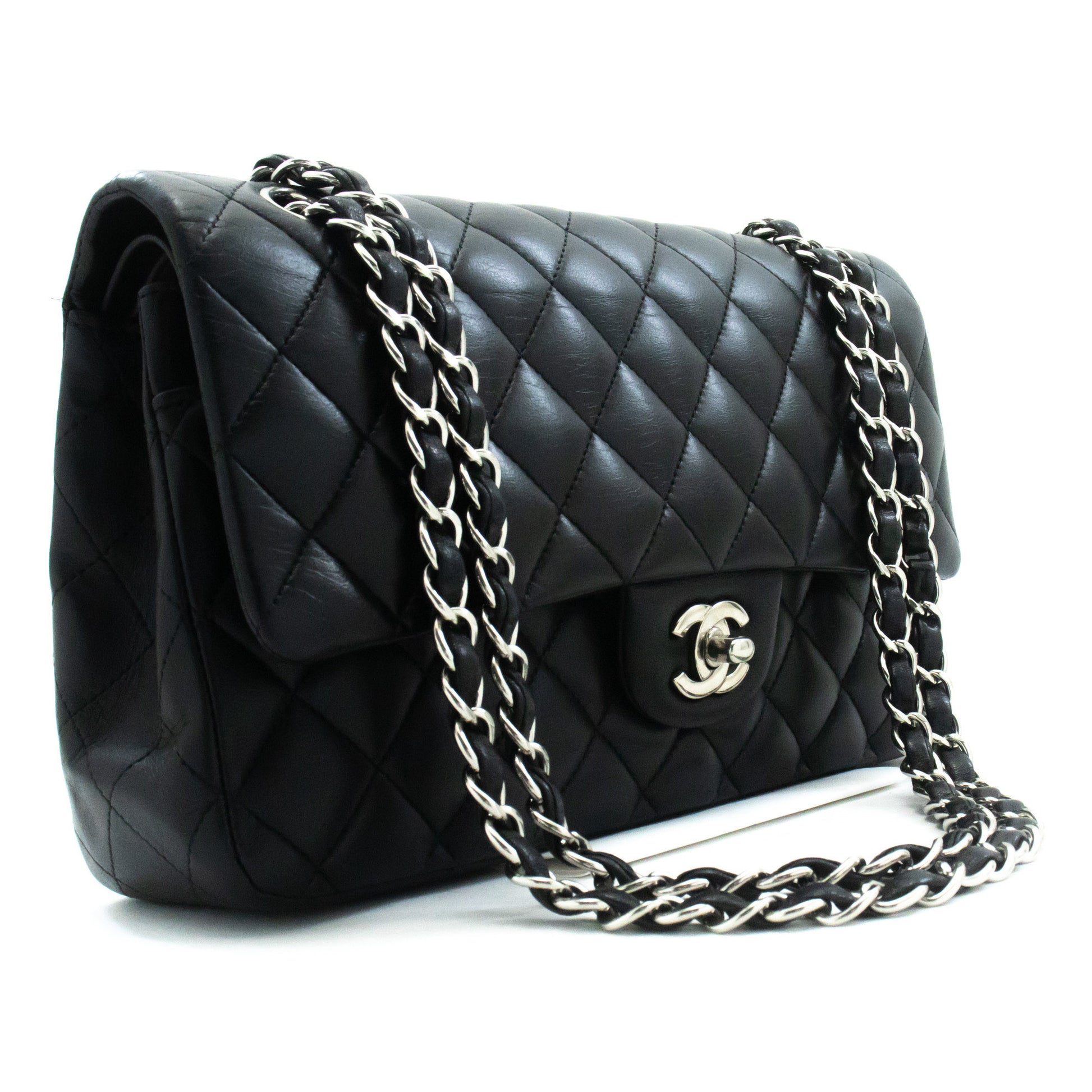 CHANEL Classic Double Flap 10" Chain Shoulder Bag Black Lambskin am5 hannari-shop