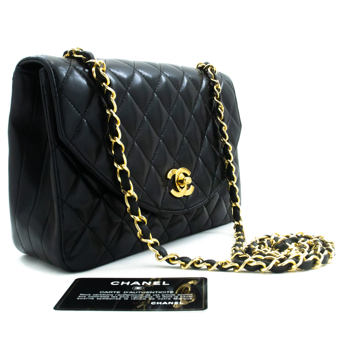 CHANEL Half Moon Chain Shoulder Bag Crossbody Black Quilted Flap am7 hannari-shop