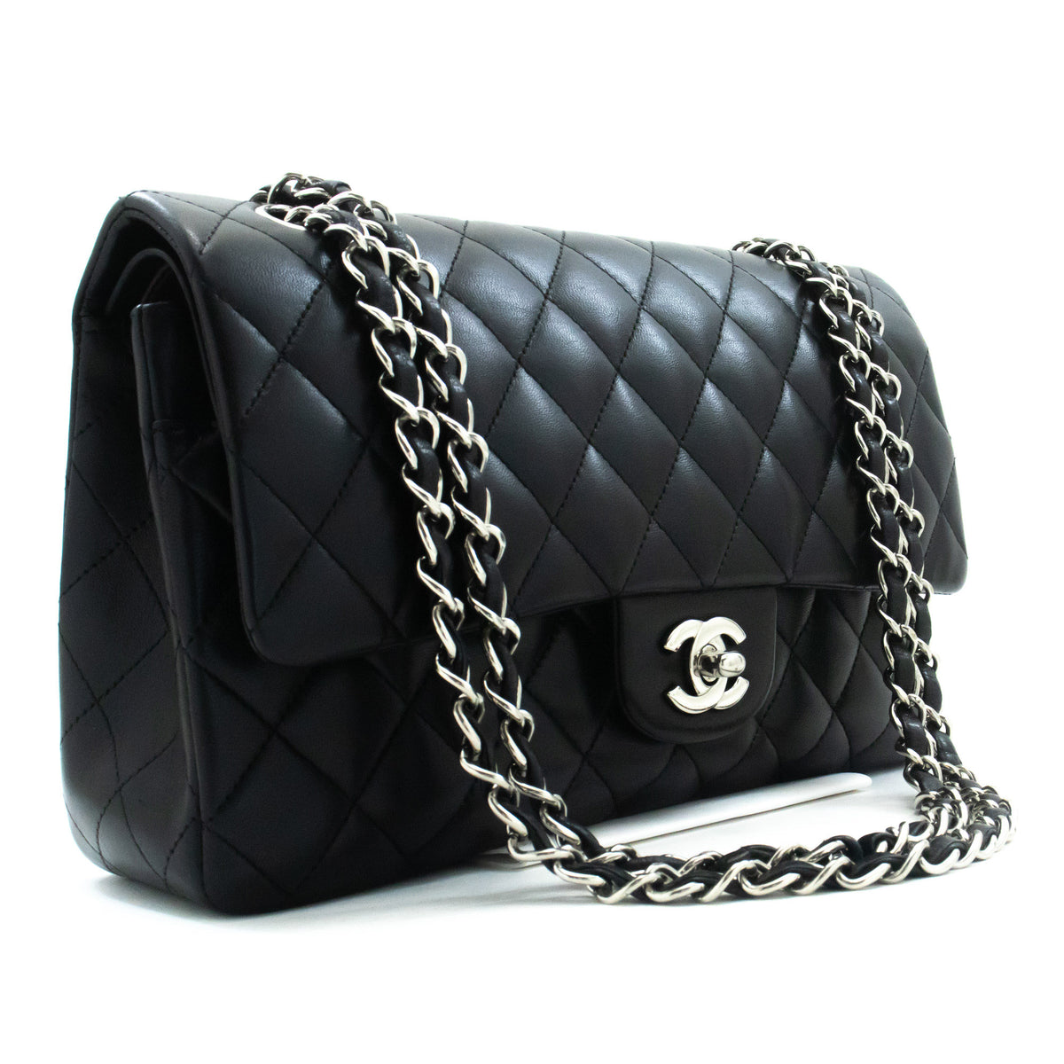 CHANEL Classic Double Flap 10" Chain Shoulder Bag Black Lambskin am6 hannari-shop