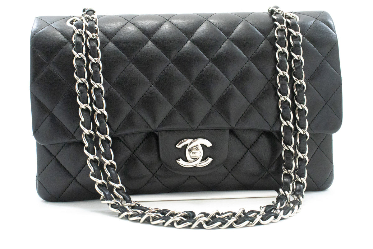 CHANEL Classic Double Flap 10" Chain Shoulder Bag Black Lambskin am6 hannari-shop