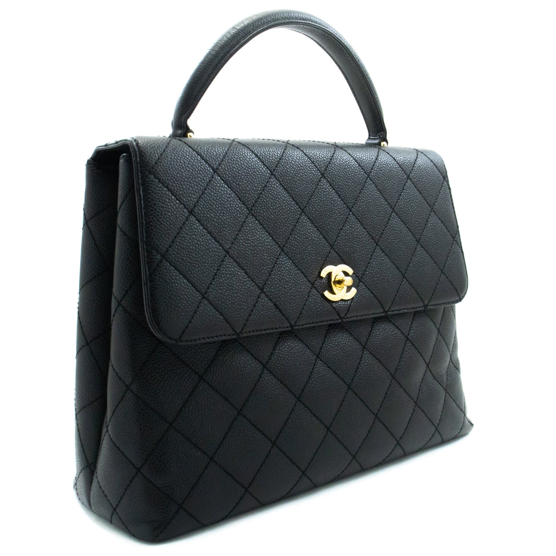 CHANEL Grained Calfskin Handbag Top Handle Bag Kelly Black Flap an4 hannari-shop