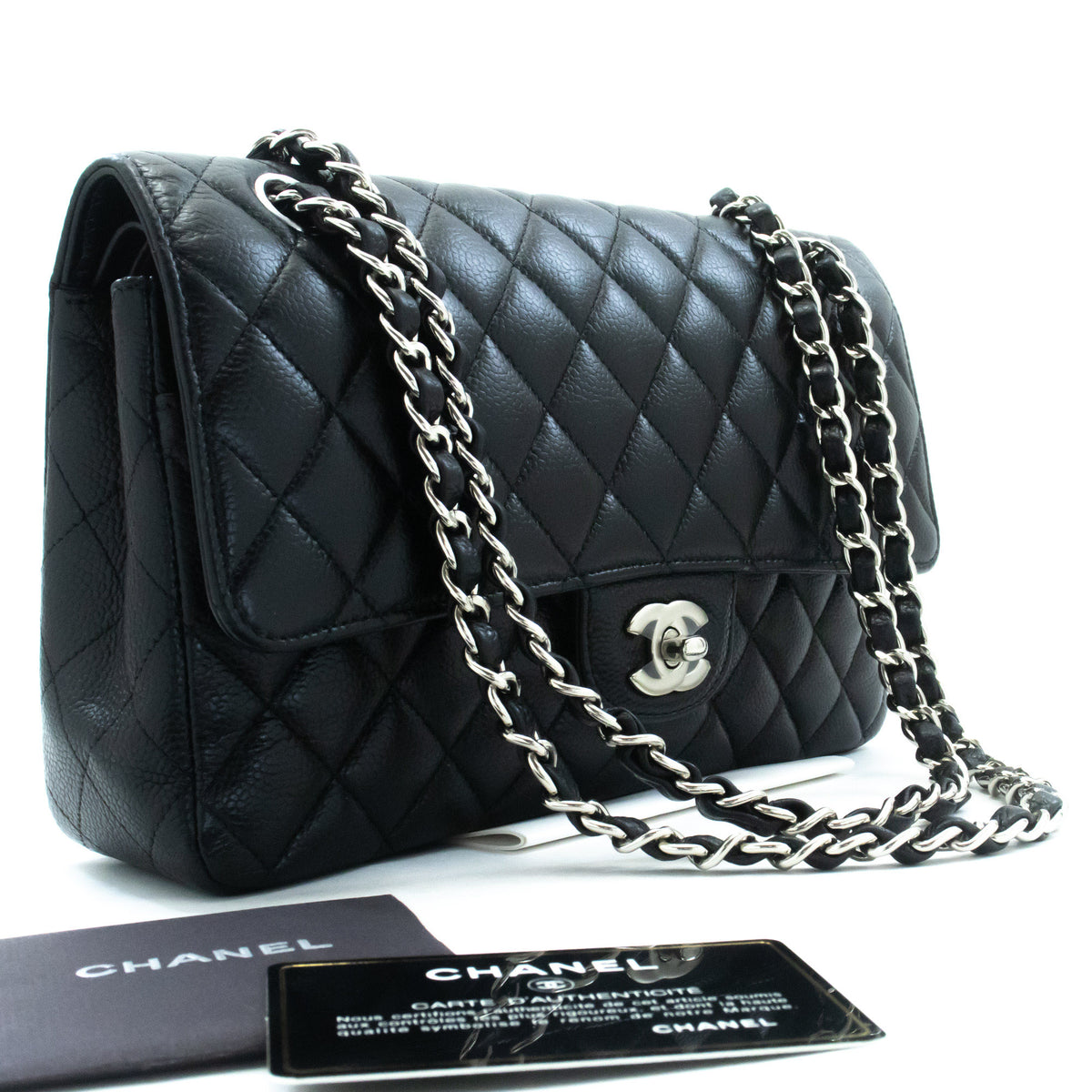 CHANEL Grained Calfskin Double Flap 10" Chain Shoulder Bag Black ao1 hannari-shop