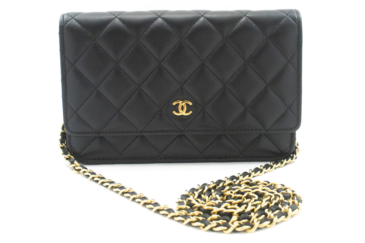 CHANEL Black Classic Wallet On Chain WOC Shoulder Bag Gold Clutch an9 hannari-shop