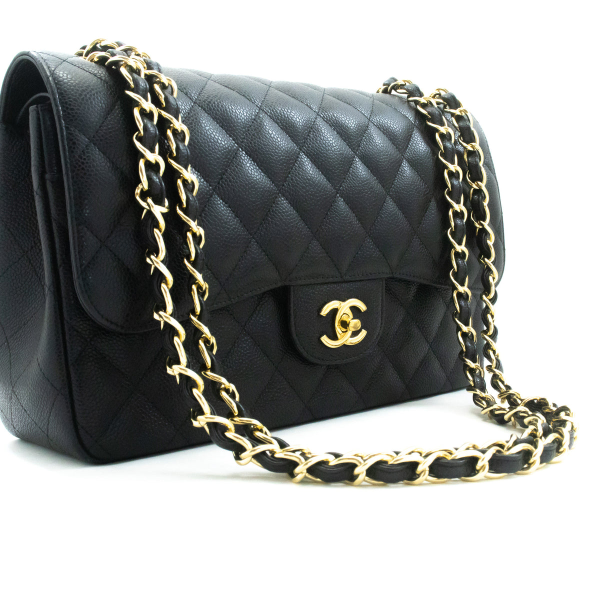 CHANEL 11" Chain Shoulder Bag Double Flap Black Grained Calfskin an5 hannari-shop
