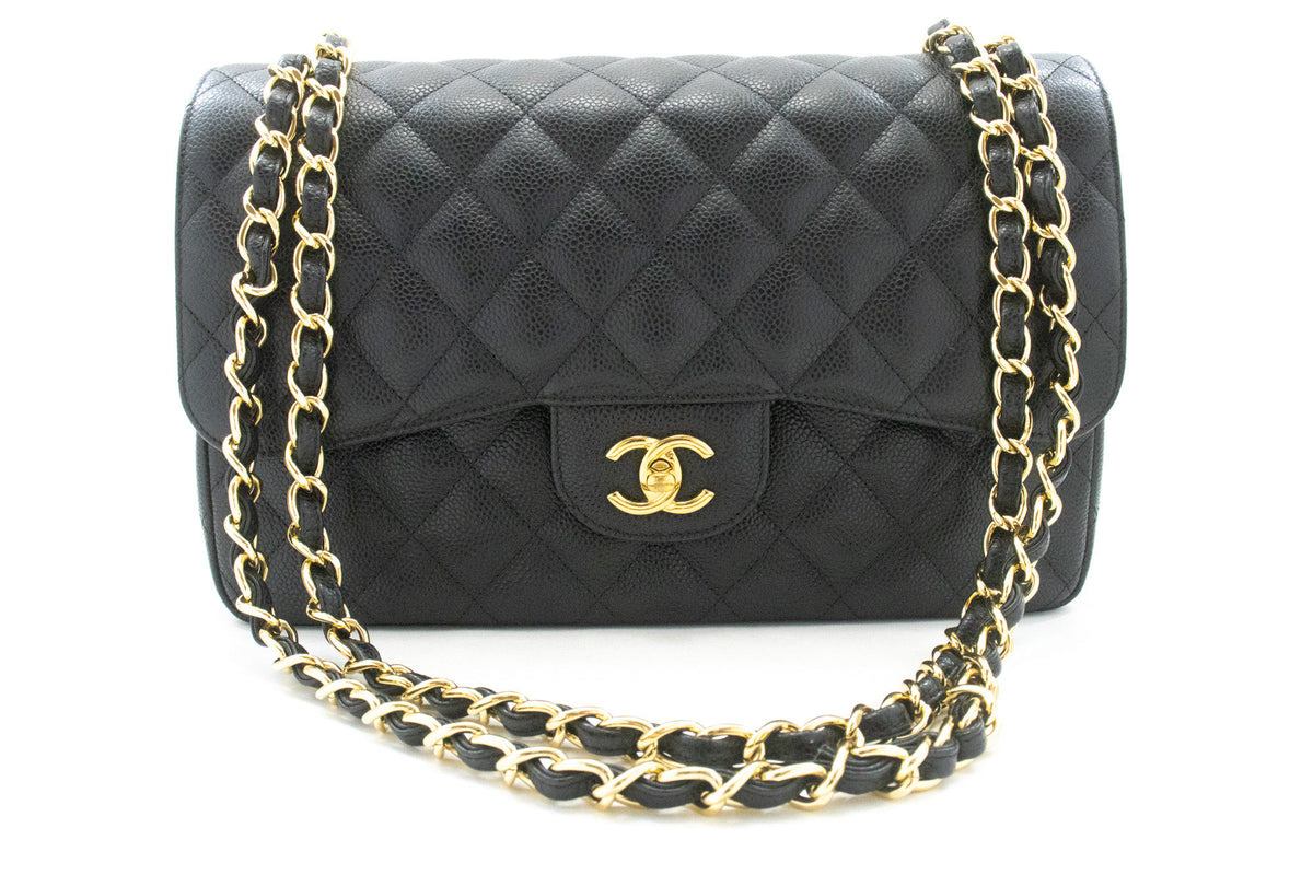 CHANEL 11" Chain Shoulder Bag Double Flap Black Grained Calfskin an5 hannari-shop