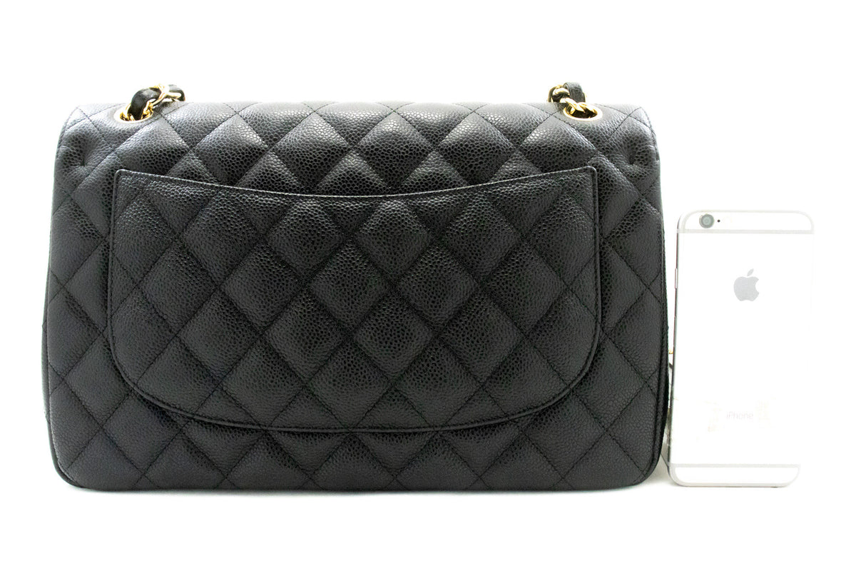 CHANEL 11" Chain Shoulder Bag Double Flap Black Grained Calfskin an5 hannari-shop